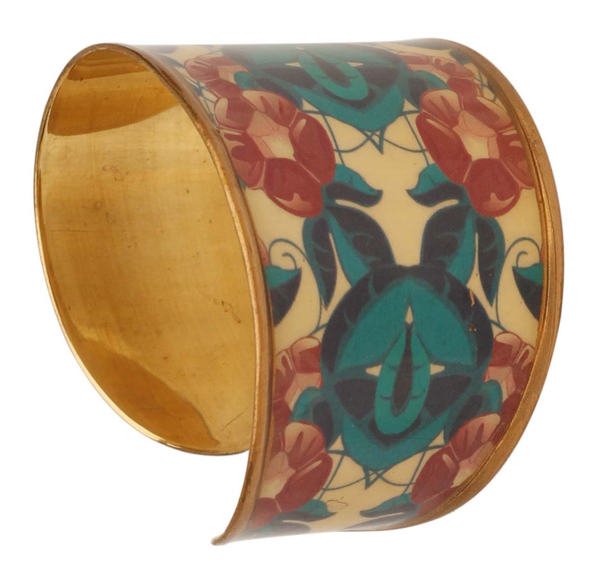 2.6” Brass Cuff Bracelet with Floral Blue Pink Pattern - Golden Tone - Elegant Accessories / Jewelry / Gifts for Her - Buy in Bulk Wholesale